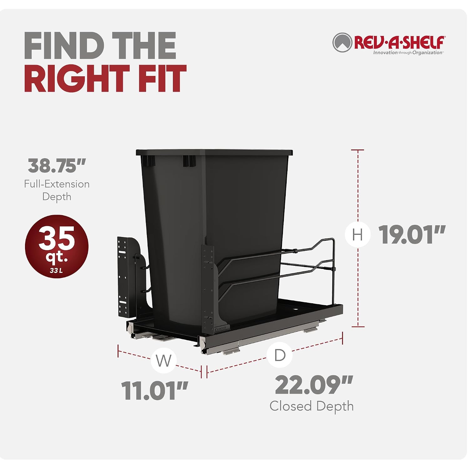 Rev-A-Shelf 35 Qt Pull Out Trash Can with Soft Close for Under Kitchen Cabinets, Min Opening Width of 11.5", Metallic Silver, 53WC-1535SCDM-117