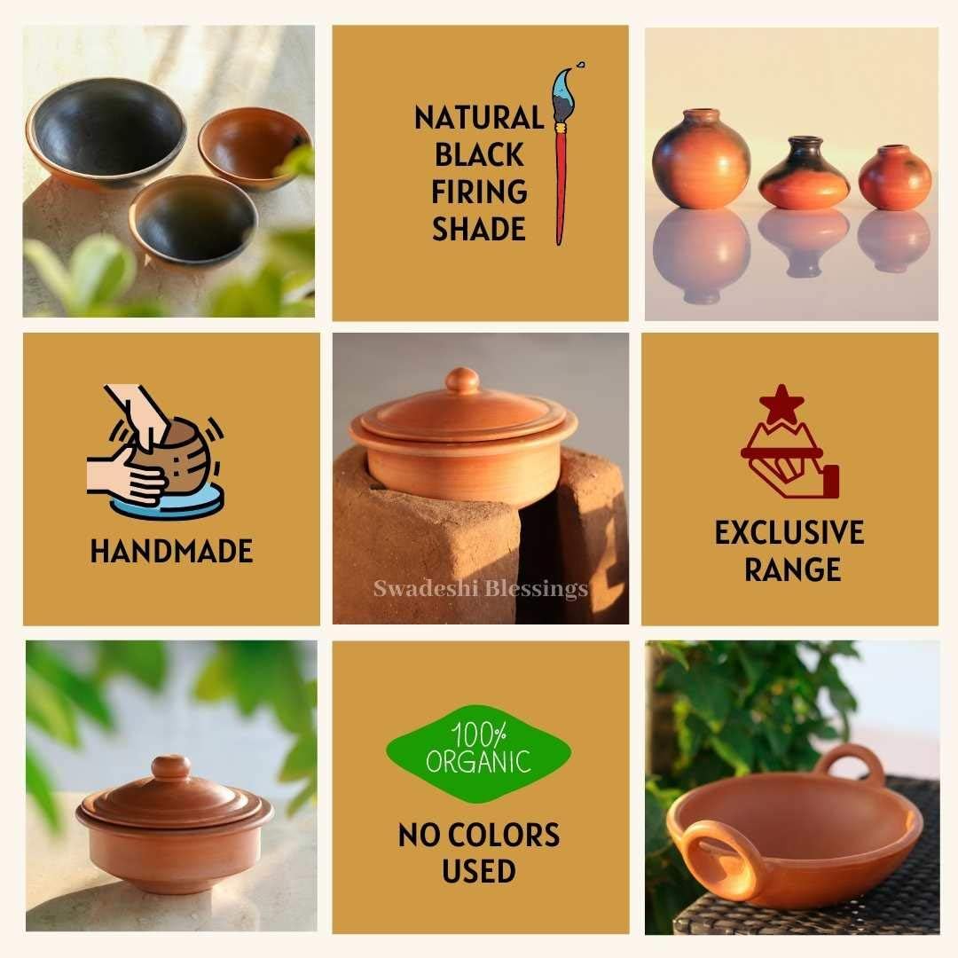 Swadeshi Blessings HandMade Unglazed Clay Pot for Cooking with Lid,2.5L,Red