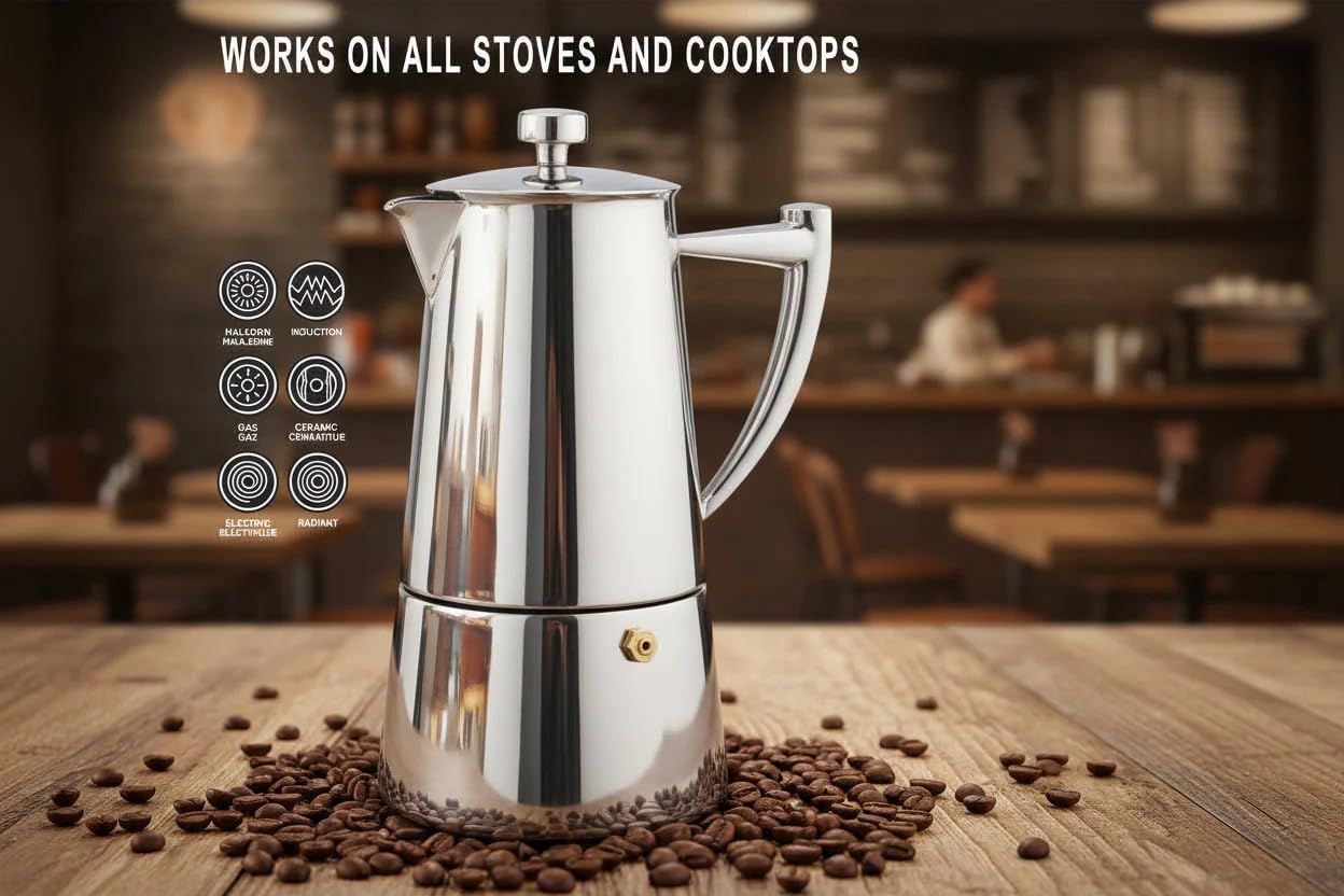 Cuisinox Roma Stovetop Espresso Maker COF-6R, Stainless Steel Coffee Percolator Stovetop, Heat-Resistant & Non-Reactive, 6-Cup Italian Espresso Maker Easy to Clean, Durable Stove Top Percolator