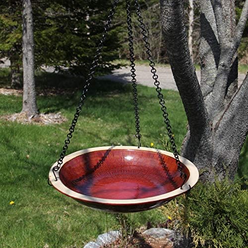 BYER OF MAINE Circles Hanging Bird Bath, Porcelain, Glaze Finish, Adjustable Chain, Sandy Granite, 14”x14”x34” adj