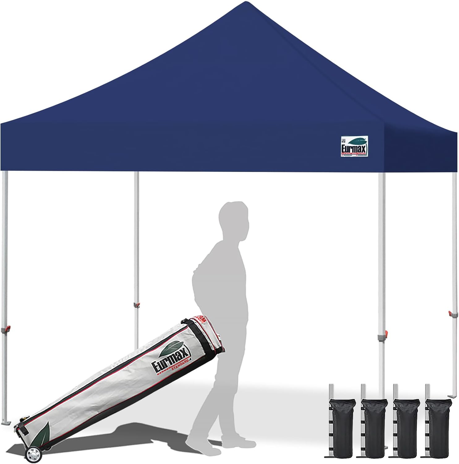 Eurmax USA 10x10ft Pop Up Canopy,Commercial Instant Tent for Outdoor Events,Patented No-Tip Rolling Storage Bag with 4 Sandbags,UV & Water Resistant,Heavy Duty Portable Shelter Gazebo,Black