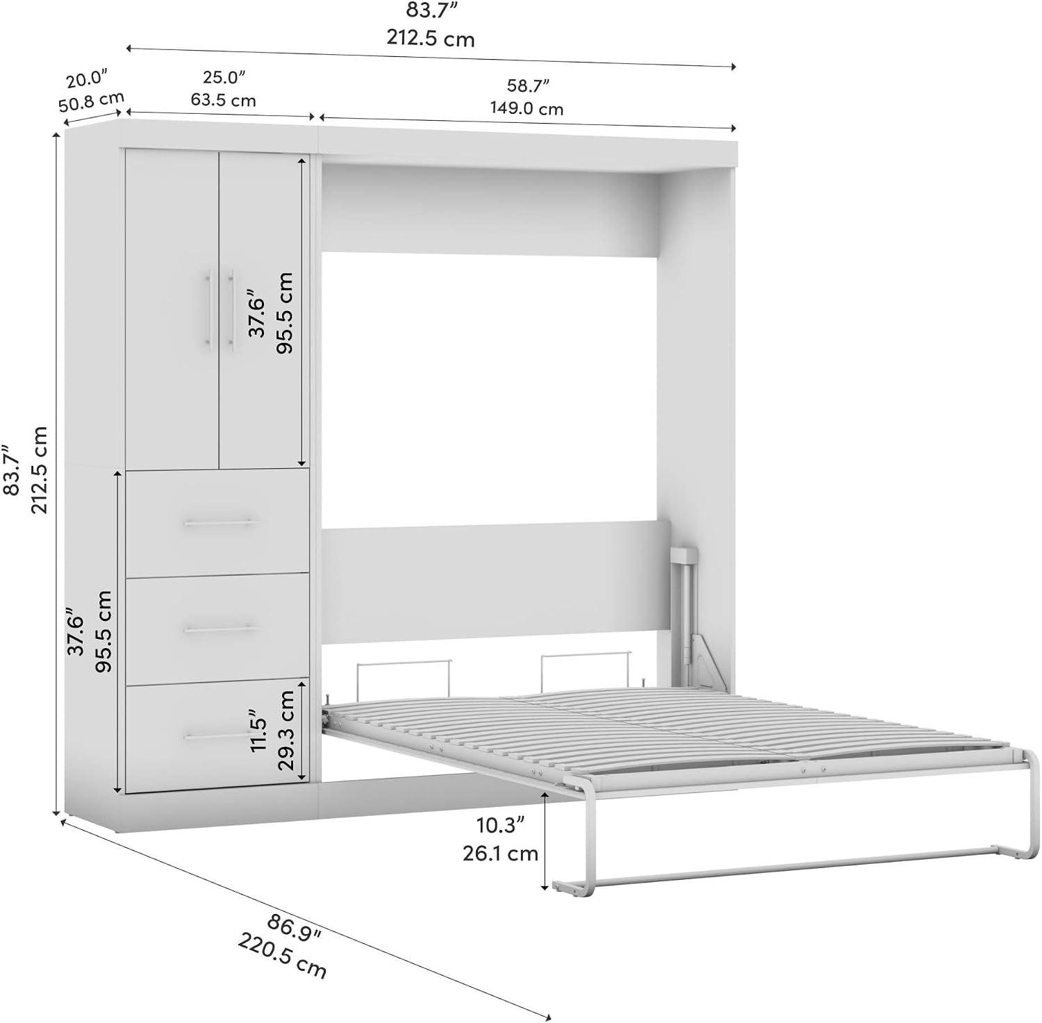 Bestar Nebula Full Murphy Bed with Wardrobe (84W) in Bark Gray, Sleeping Arrangement and Closet Organizer for Multipurpose Room | Wardrobe