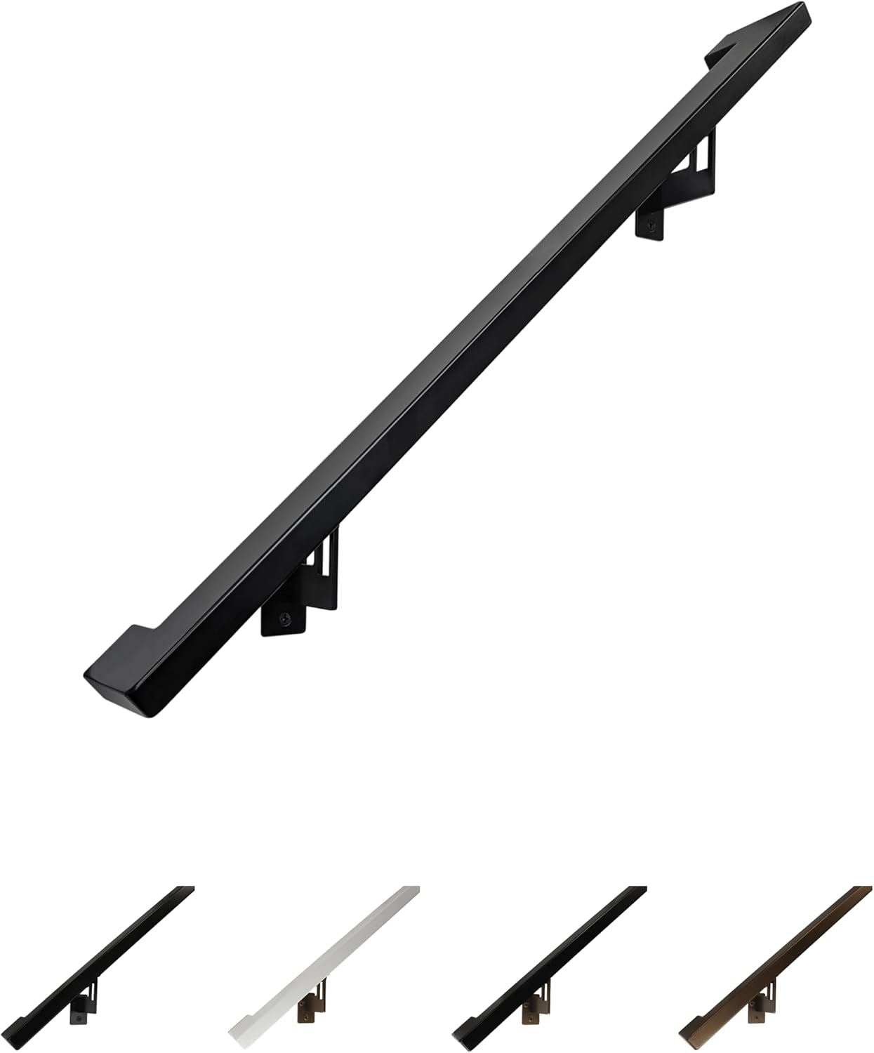 Modern Aluminum Handrail Grab Bar Kit, Adjustable Steel Brackets Included, Returns to Wall, Powder Coated Finish (Black, 4 Foot Handrail Set)