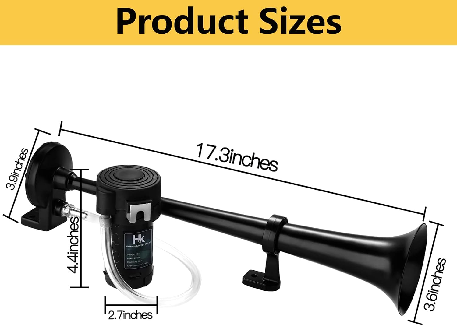 HK 12V 150db Air Train Horn Kit with Compressor Single Trumpet Air Horn Powerful Loud for Trucks Cars Boat SUV Train (Black)