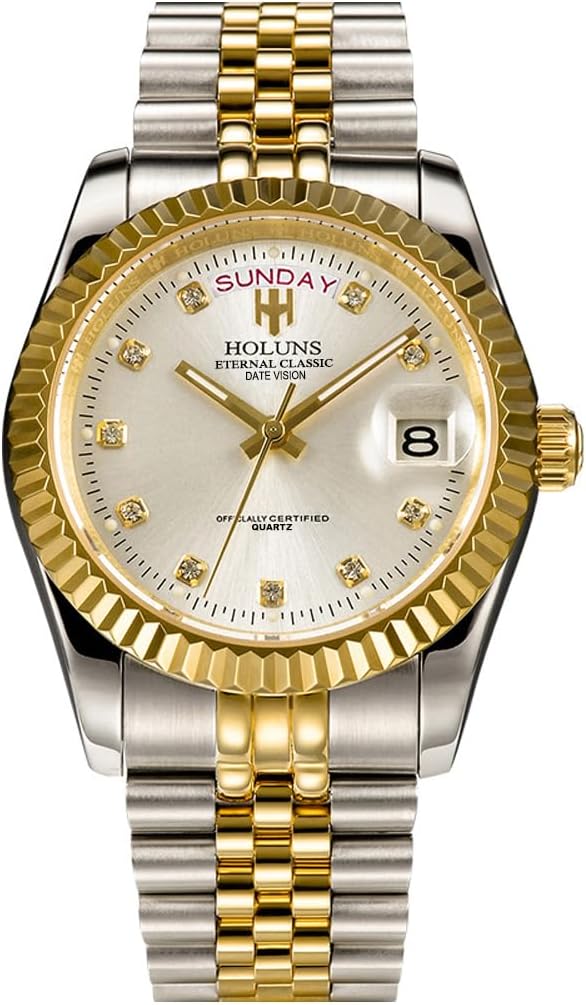 41MM Men's Gold Plated Stainless Steel Waterproof Quartz Watch Luxury Wristwatch with Date Week Display