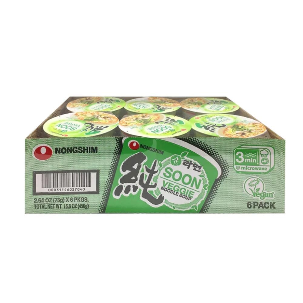 Nongshim Soon Veggie Ramyun Noodles, Signature Korean Instant Ramyun, Vegetable Flavored Broth, Vegan Noodles, Quick & Easy, Microwaveable Cup, 2.64 oz (Pack of 6)