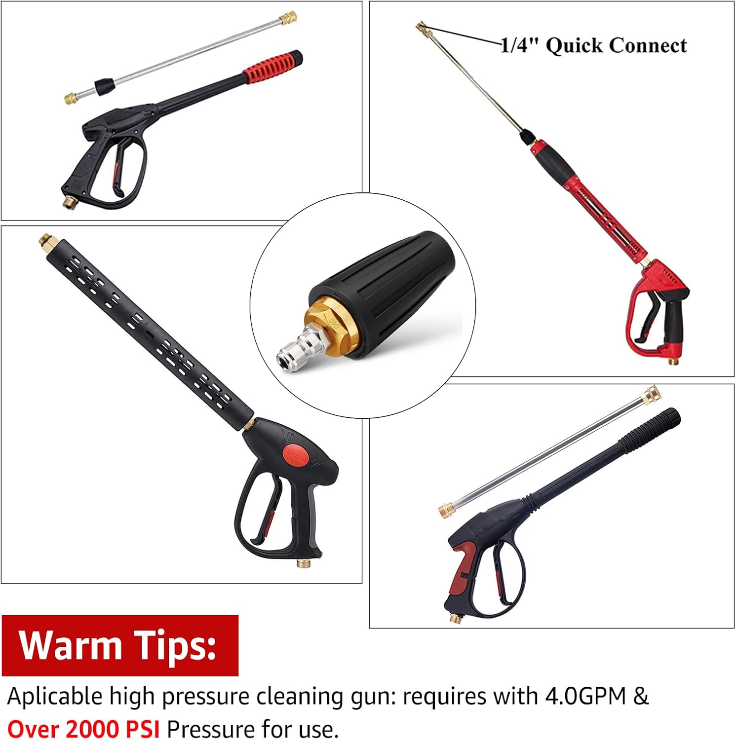 Pressure Washer Tips Turbo Nozzle Pressure Washer 4000 PSI Max Rotating Pressure Washer Nozzle with 2PCS 1/4'' Quick Connect for Cleaning Brick