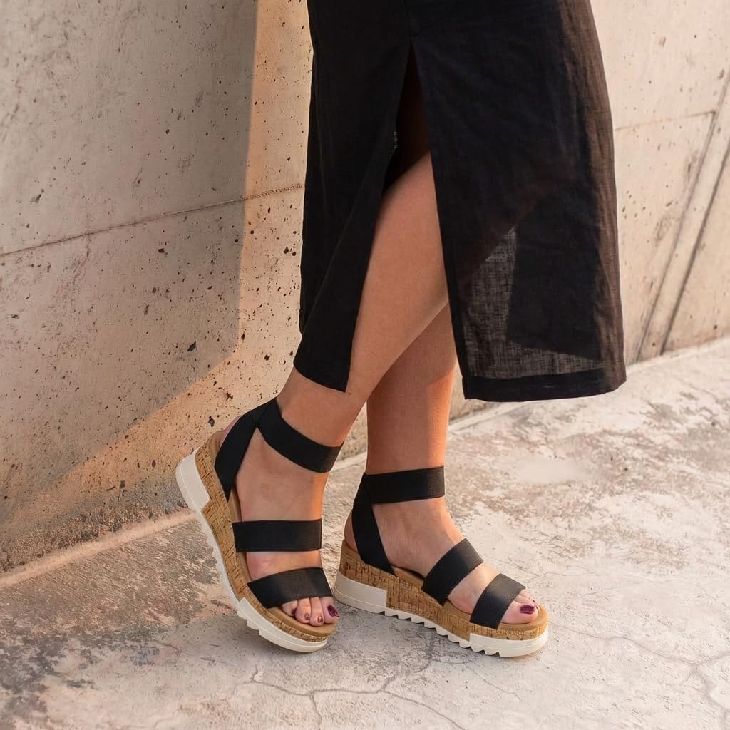 CUSHIONAIRE Naomi Cork Wedge Sandals for Women – Soft Stretch Straps Comfortable Platform Sandals for Women with Memory Foam Insole