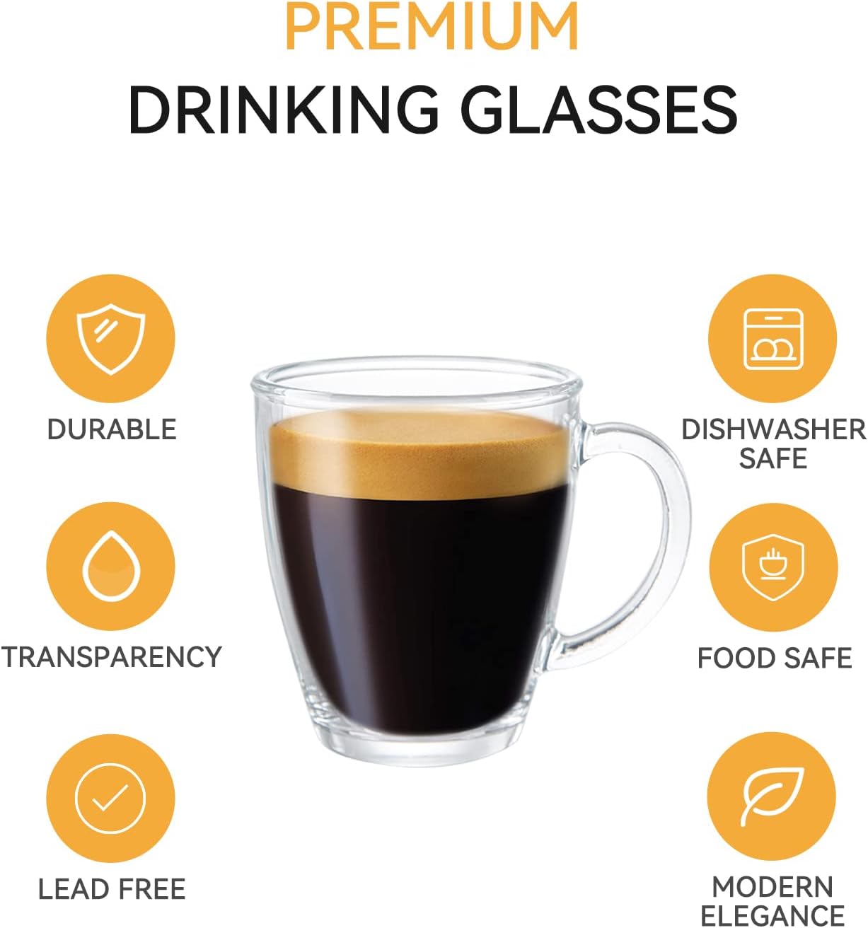D.M DESIGN·MASTER [6 PACK, 12 OZ - Premium Glass Coffee Mugs with Handle. Transparent Tea Glasses for Hot/Cold Beverages