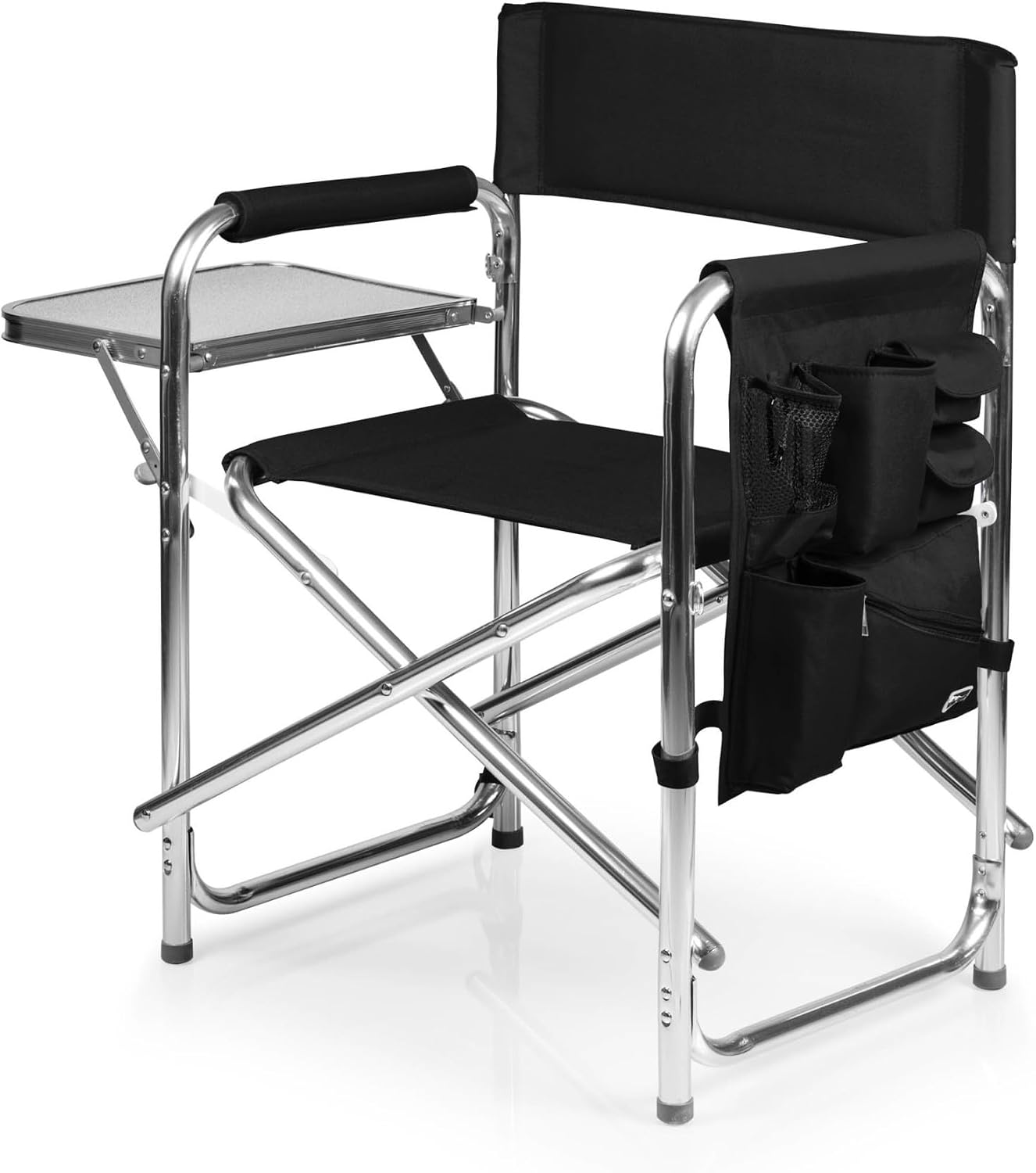 PICNIC TIME Sports Chair with Side Table and Armrest Caddy, Lightweight Aluminum Folding Outdoor Camping Chair for Adults, Portable Director Style Lawn Seating with Pockets & Carry Strap, (Navy Blue)