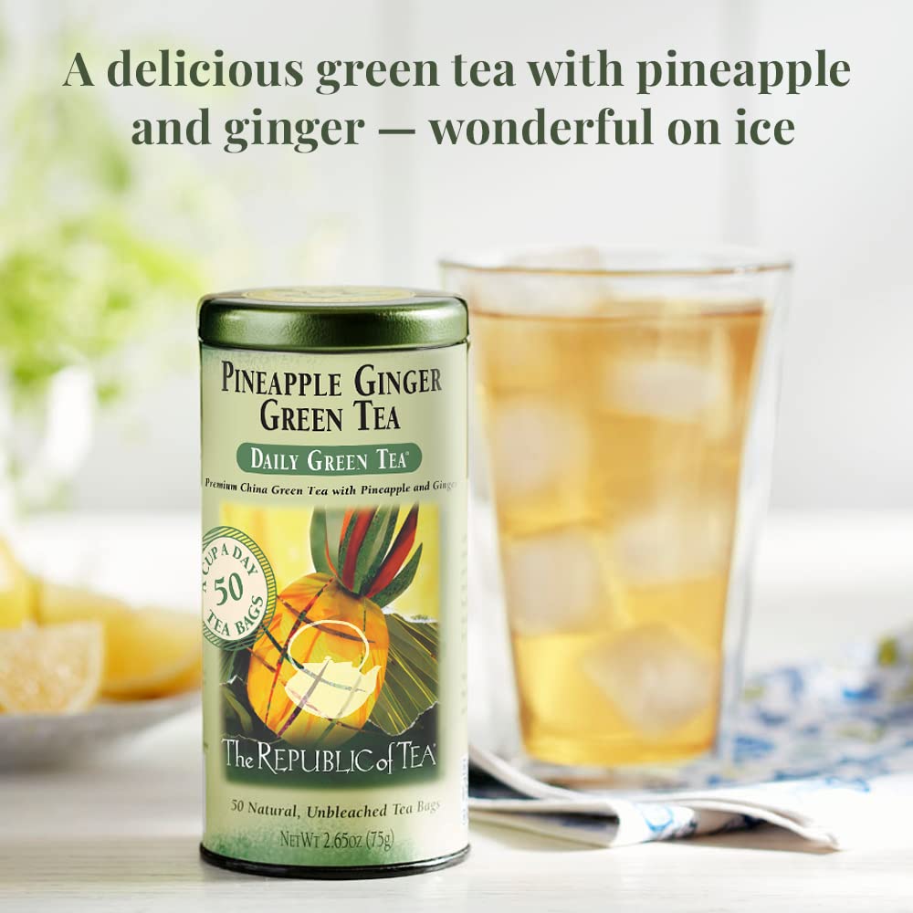 The Republic of Tea Daily Green Pineapple Ginger Green Tea, 50 Ct | Low Caffeine. A gentle cup for everyday. Fresh and lightly vegetal with notes of warming spice and juicy fruit. Gluten Free.