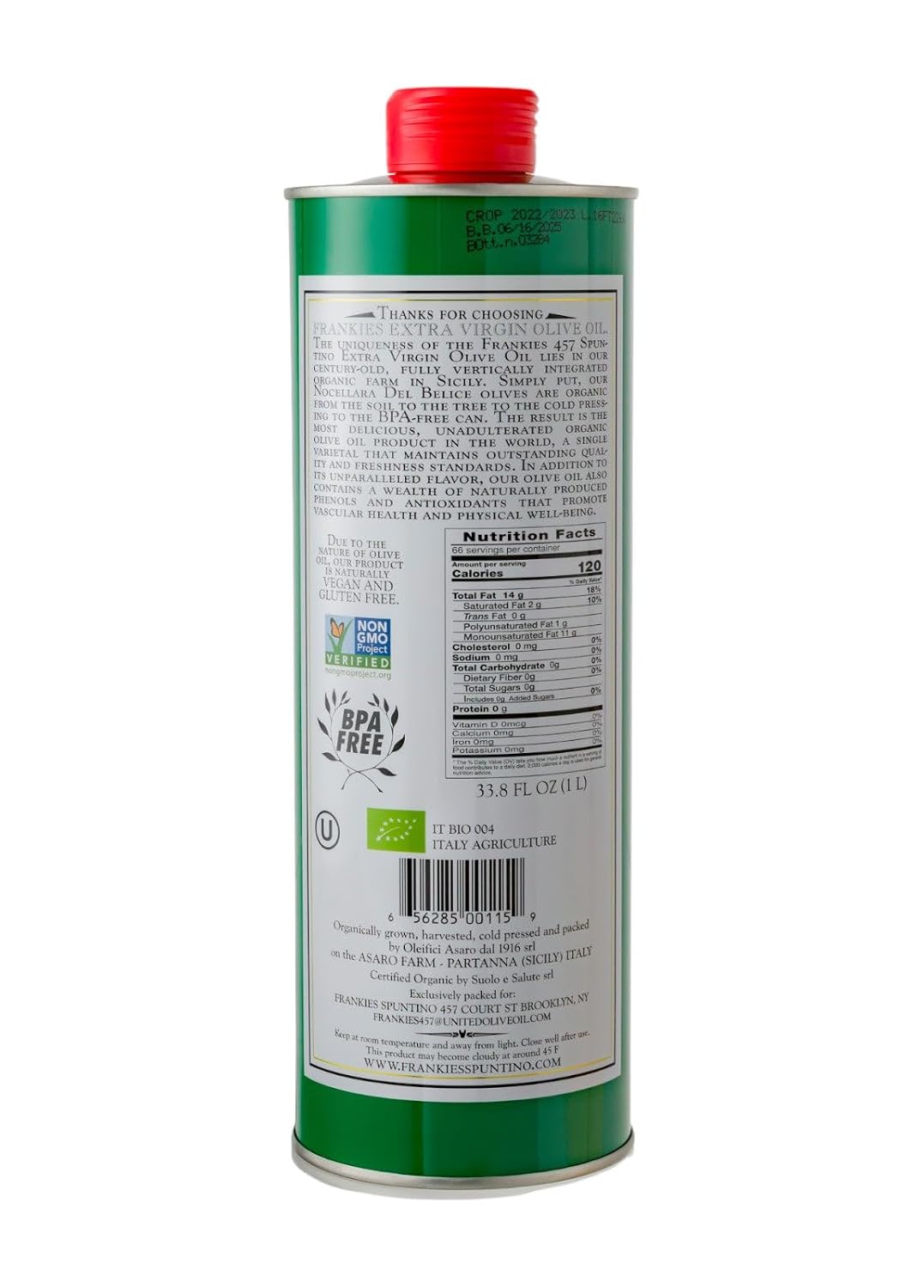 Frankies 457 Organic Extra Virgin Olive Oil, 33.8 fl oz (1L) | Premium 100% Castelvetrano Olive Oil, High Polyphenol, First Cold Pressed, Early Harvest in Sicily