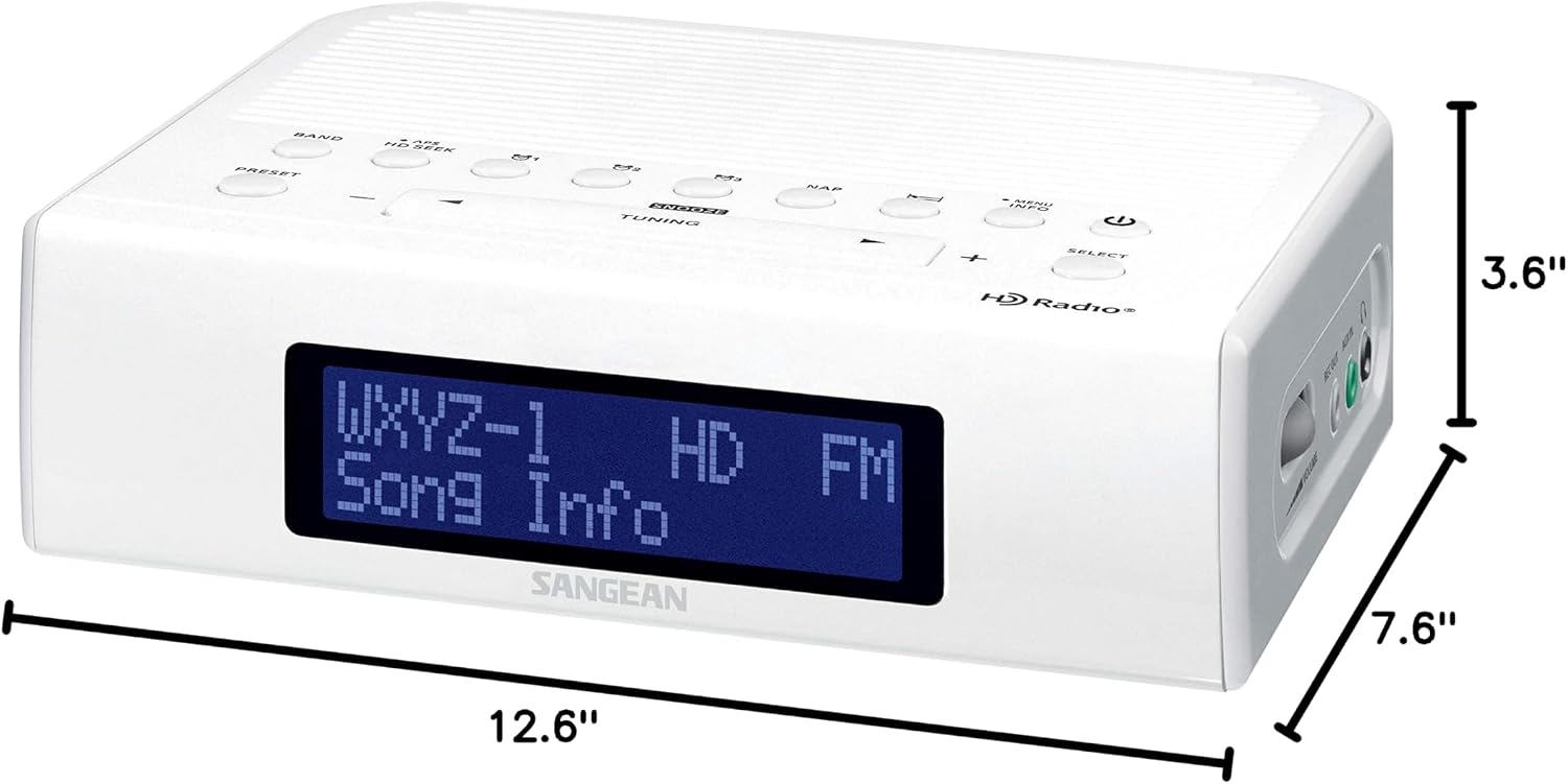 Sangean HDR-15 AM/FM Digital Tuning Clock Radio with USB Phone Charging, White
