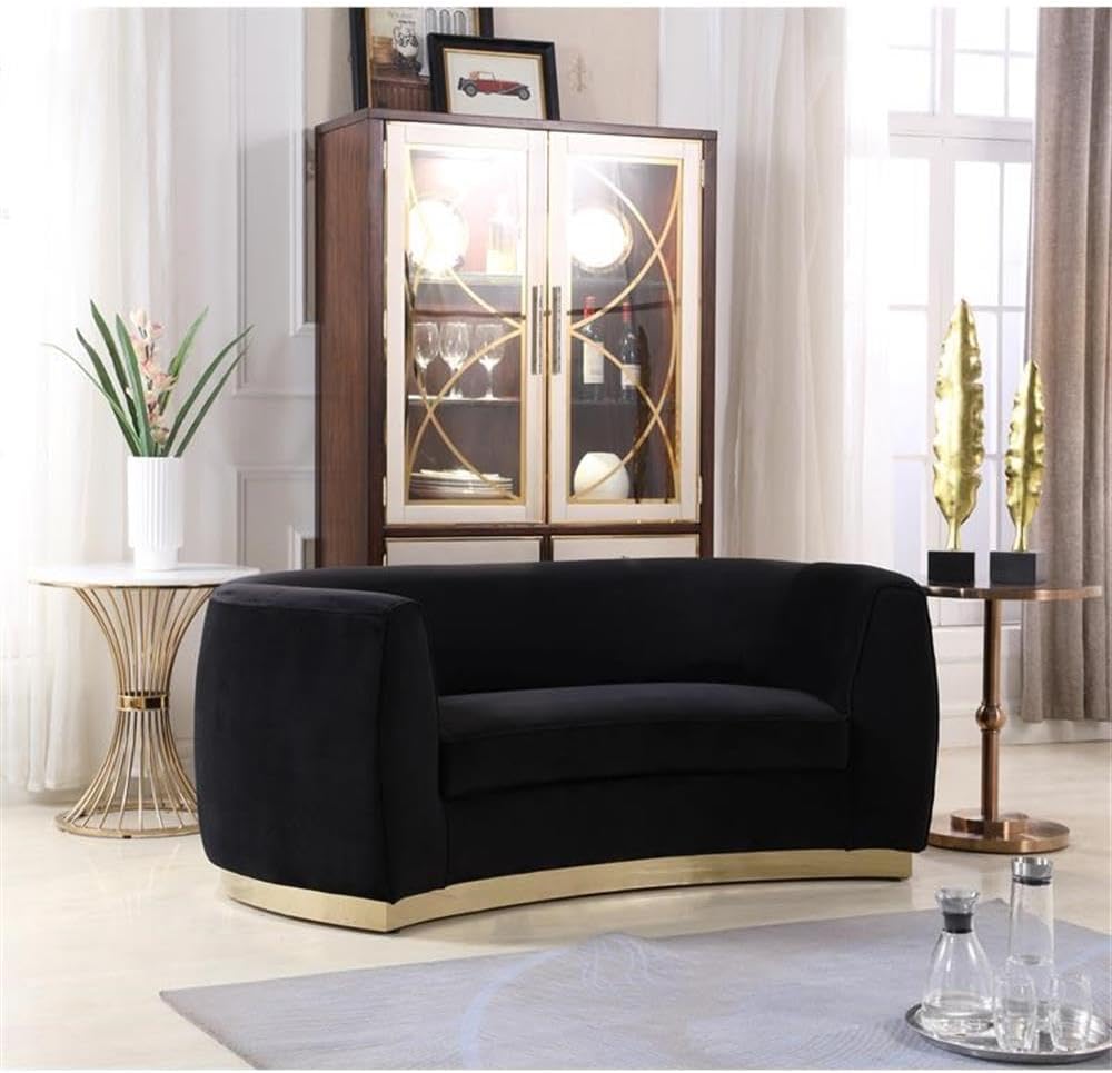 Meridian Furniture Julian Collection Modern | Contemporary Velvet Upholstered Loveseat with Stainless Steel Base in Rich Gold Finish, Black, 70" W x 34" D x 28" H