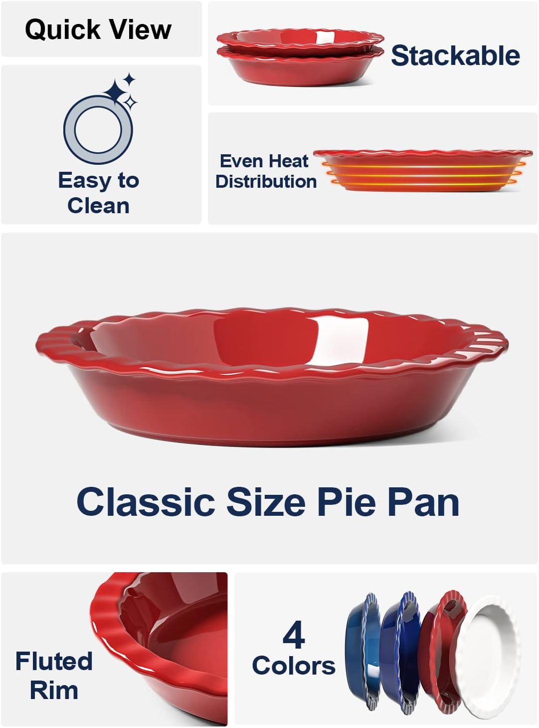 LE TAUCI Ceramic Pie Pans Plate for Baking, 9 inch Deep Dish Baking Dish, 52 ounce Bakeware for Apple Pecan Pie, Set of 2, White