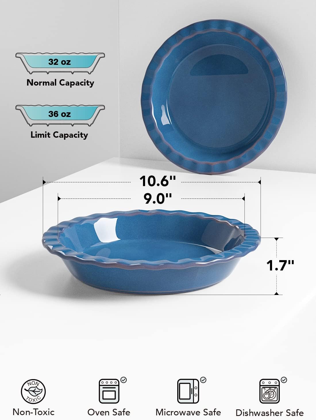 LE TAUCI Ceramic Pie Pans Plate for Baking, 9 inch Deep Dish Baking Dish, 52 ounce Bakeware for Apple Pecan Pie, Set of 2, White