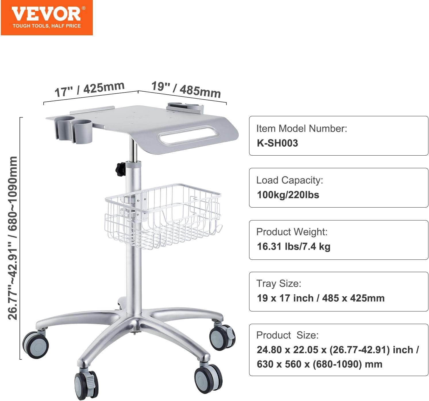 VEVOR Medical Trolley with Wheels - Height Adjustable Gas Lift, Large Tabletop 19"×17", Stainless Steel Rolling Laptop Cart with Storage Basket