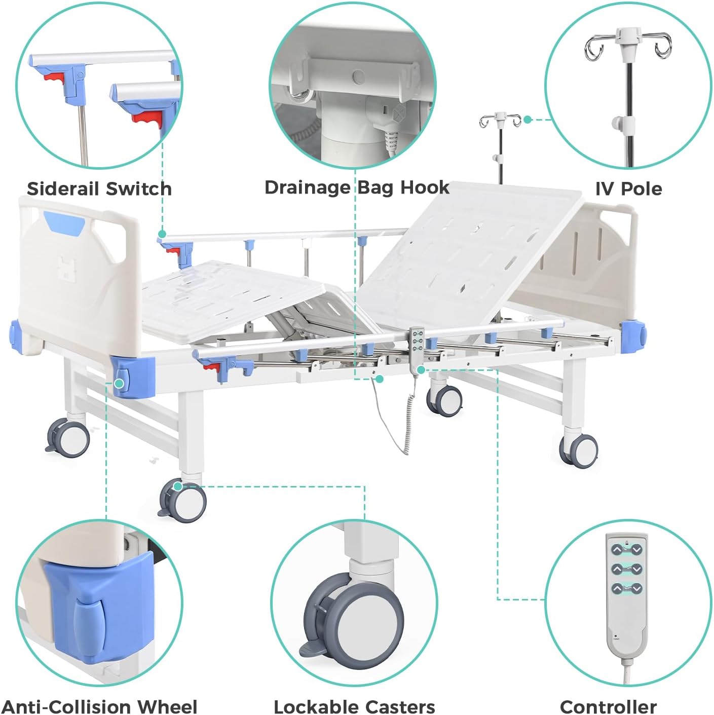 Premium 3 Function Full Electric Hospital Bed,Adjustable Medical Bed | 550LBS,4.7" Waterproof Mattress,Adjustable Height,One-Click CPR,Iv Pole,Germany Moter for Home Use Hospital Nursing Clinic