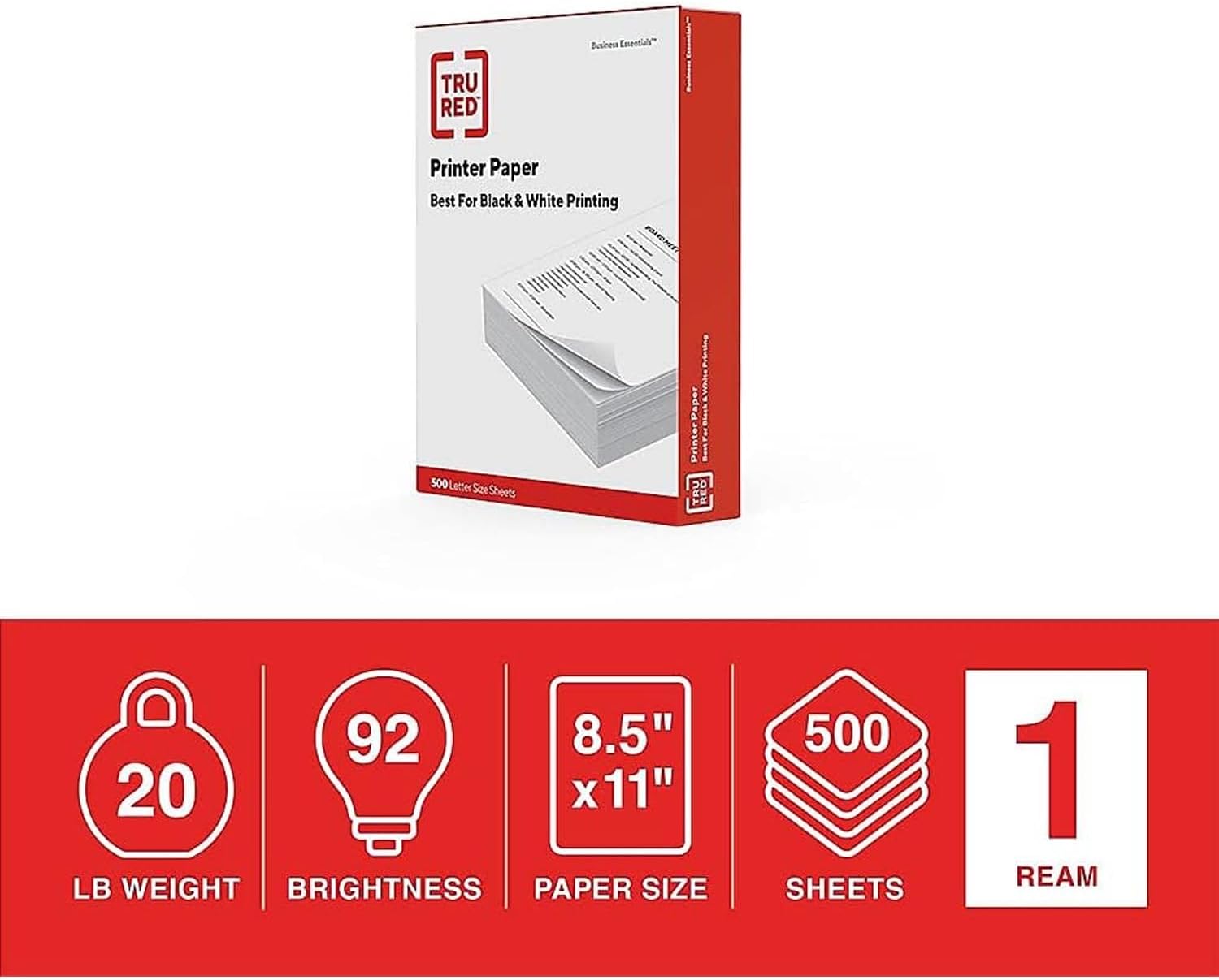 Staples TRU RED Copy & Printer Paper, 8.5 x 11, 20 lb, 92 Bright, 5,000 Sheets/Carton, White Letter Size Paper for Office, School & Home