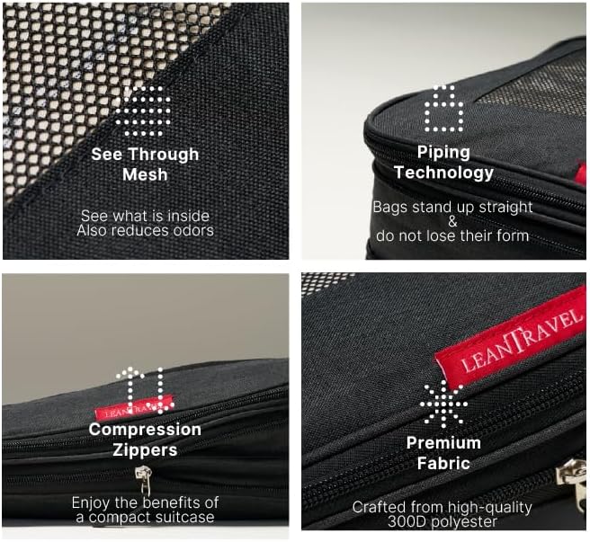 LeanTravel Premium Compression Packing Cubes for Travel - Suitcase Organizer Bags with Double Zipper & Breathable Mesh Panel - Space Saving Carry On Luggage Essentials (6-Pack, Grey)