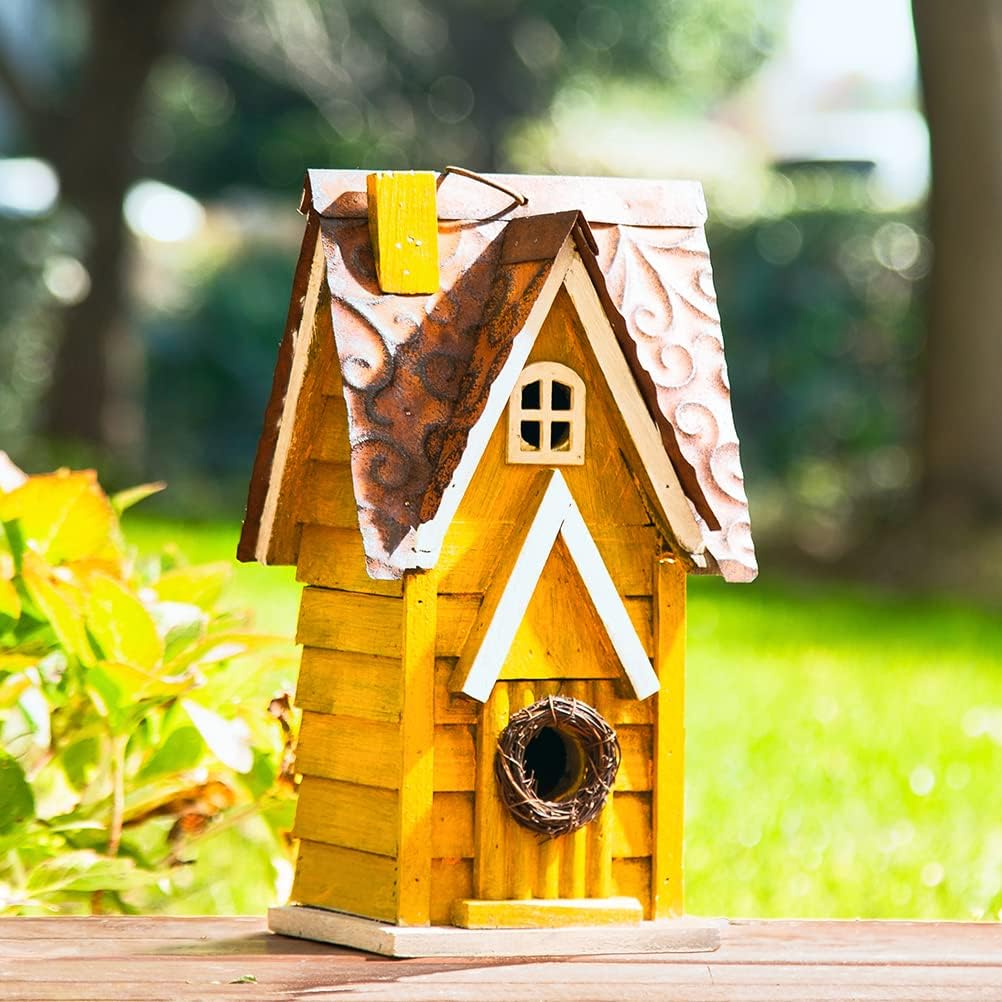Glitzhome 12" H Green Hanging Distressed Solid Wood Garden Bird House Decorative Birdhouse