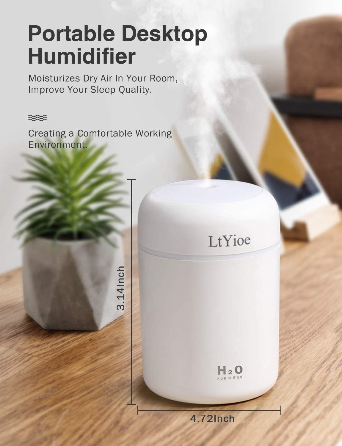 LtYioe Colorful Cool Mini Humidifier, USB Personal Desktop Humidifier for Car, Office Room, Bedroom, etc. Auto Shut-Off, 2 Mist Modes