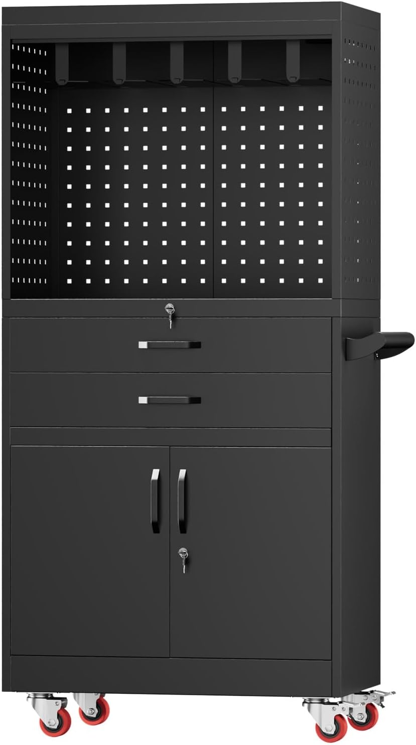 Mobile Tool Cart, Tool Chest with Locking Wheels, Charging Station | Large Storage - Heavy Duty Rolling Workbench for Garage, Workshop