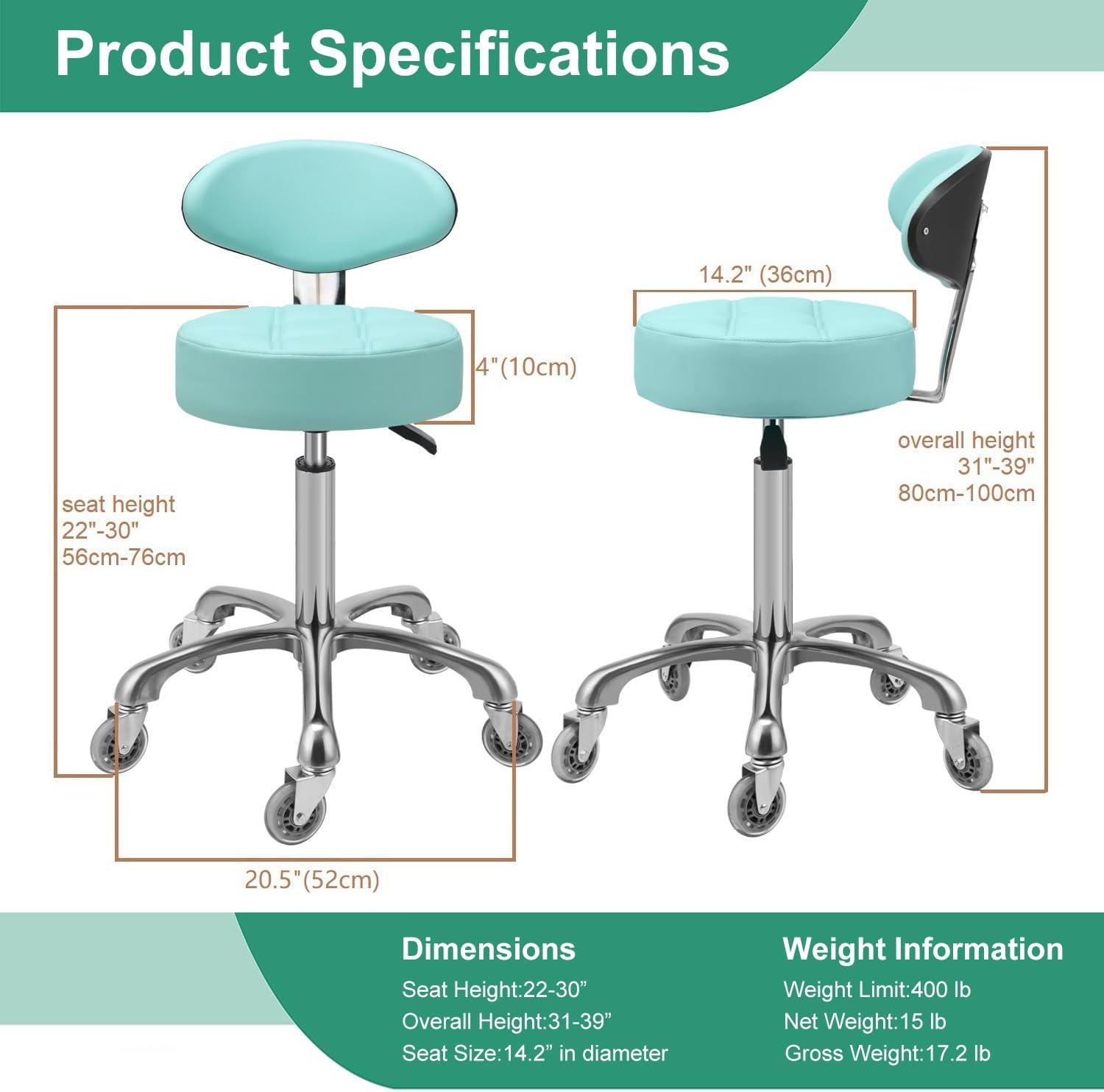 Kaleurrier Rolling Stool with Back Rest: Swivel Chair Adjustable Height