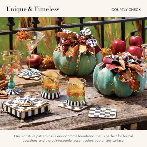 MACKENZIE-CHILDS Square Coasters Set, Black-and-White Courtly Check | Hand-painted design, made from MDF with a cork back, table coasters for drinks, 4" square, set of 4