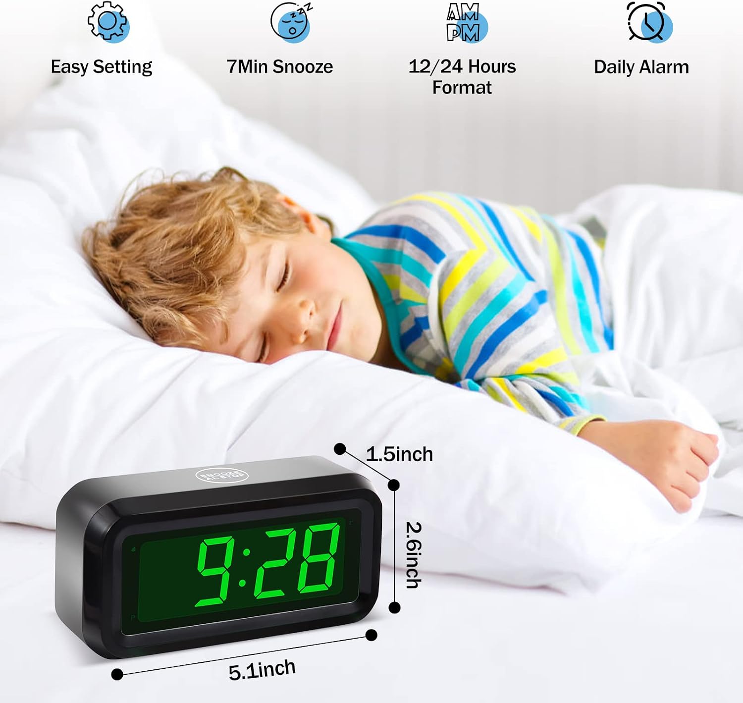 Digital Alarm Clock Battery Operated with LED Display for Bedrooms, Long Battery Life for 12 Months, 3 Brightness Adjustable, 12/24 Hour, Snooze, Black Case with Red Digits