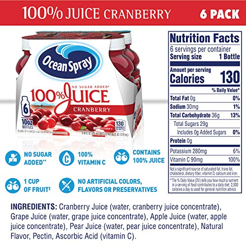 Ocean Spray 100% Juice, Cranberry Juice, 10 Ounce Bottle (Pack of 6)