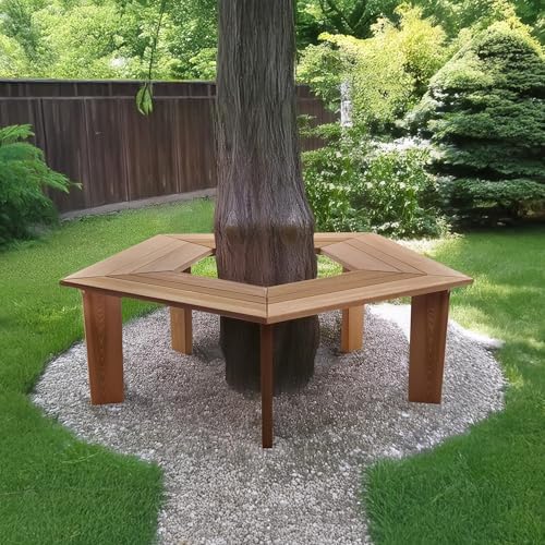 All Things Cedar 52 Inch Wood Tree Bench, 5 Sided Wrap Around Outdoor Seating, Natural