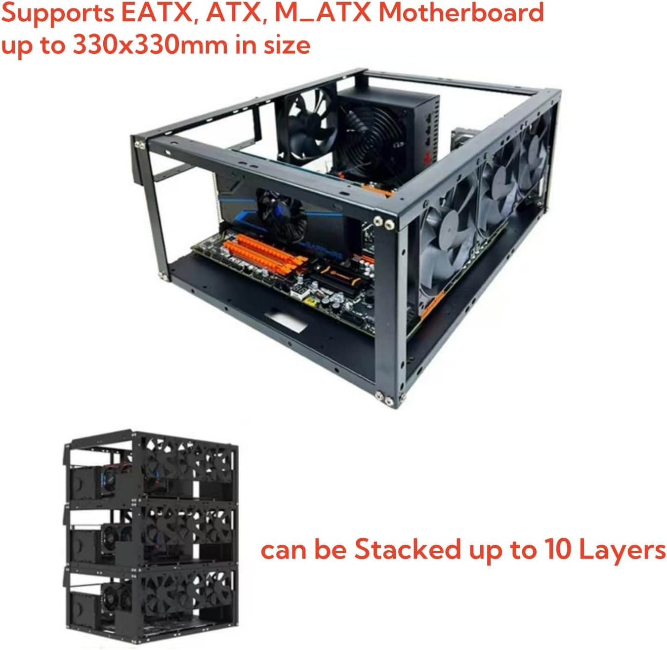 DIY Computer Case PC Frame Desktop Chassis Stackable Rack Stand Open Air case Supports ATX ITX MacroATX E-ATX X79 X99 Motherboard, can be Stacked up to 10 Layers