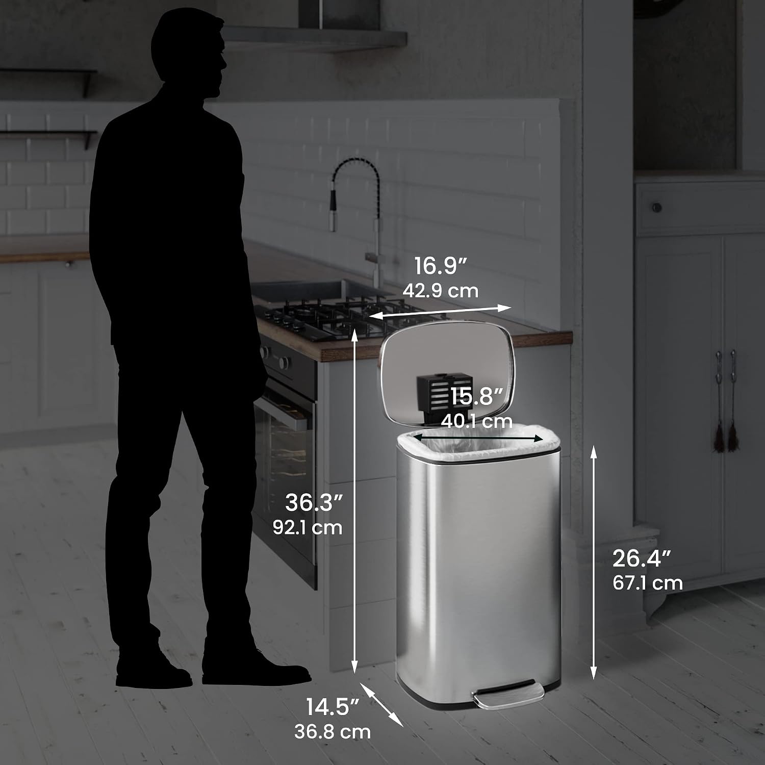iTouchless Glide 13 Gallon Sensor Garbage Can with Wheels and Odor Control System, Stainless Steel, Automatic Kitchen Bin and Office Trash Bin (Powered by Battery or Optional AC Adapter)