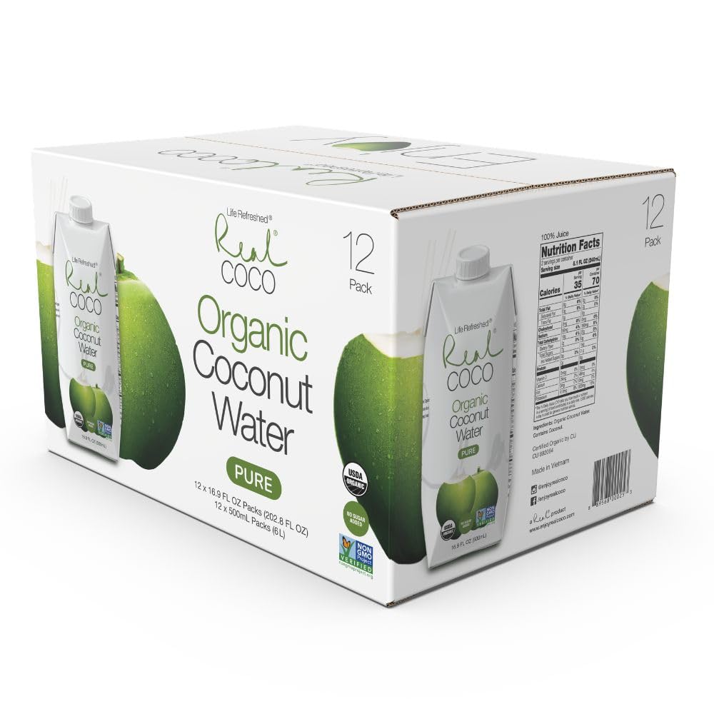 Real Coco Organic Pure Coconut Water (6-Pack 1L), USDA Organic, No Added Sugar, Plant Based, Packed with Electrolytes, Vegan
