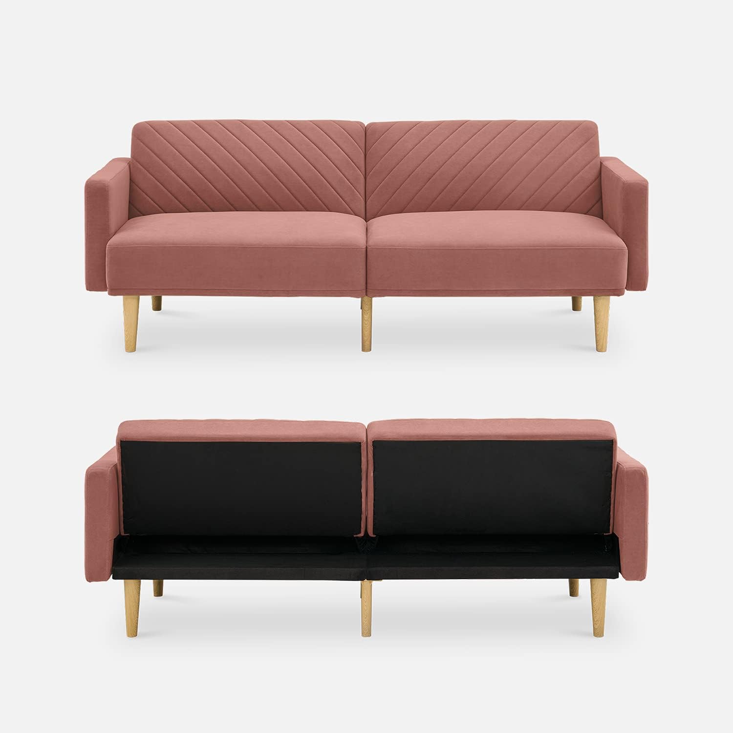 mopio 76.4" Futon Sofa Bed Chevron Styled, Sleeper Couch (Old Rosa Velvet)