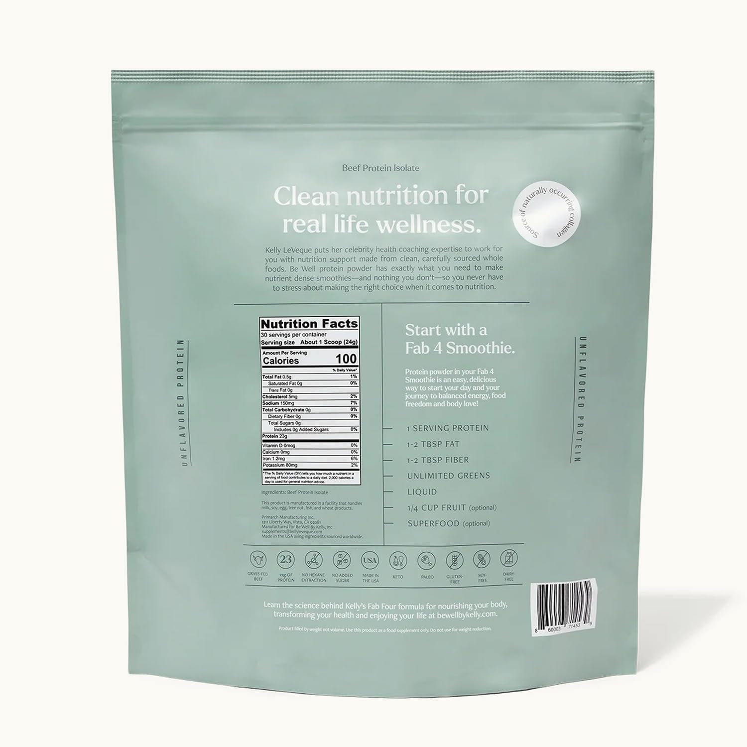 Be Well by Kelly Grass Finished Beef Protein Powder Vanilla Flavor