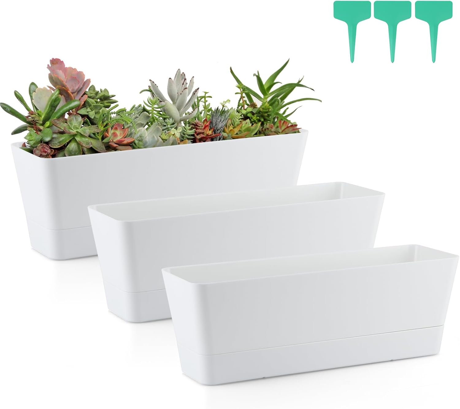 Skelang 3 Pcs Rectangular Plant Pot, 12" Watering Container with Drainage Hole, Window Planter Box with Saucer for Succulents, Flowers, Indoor Plants
