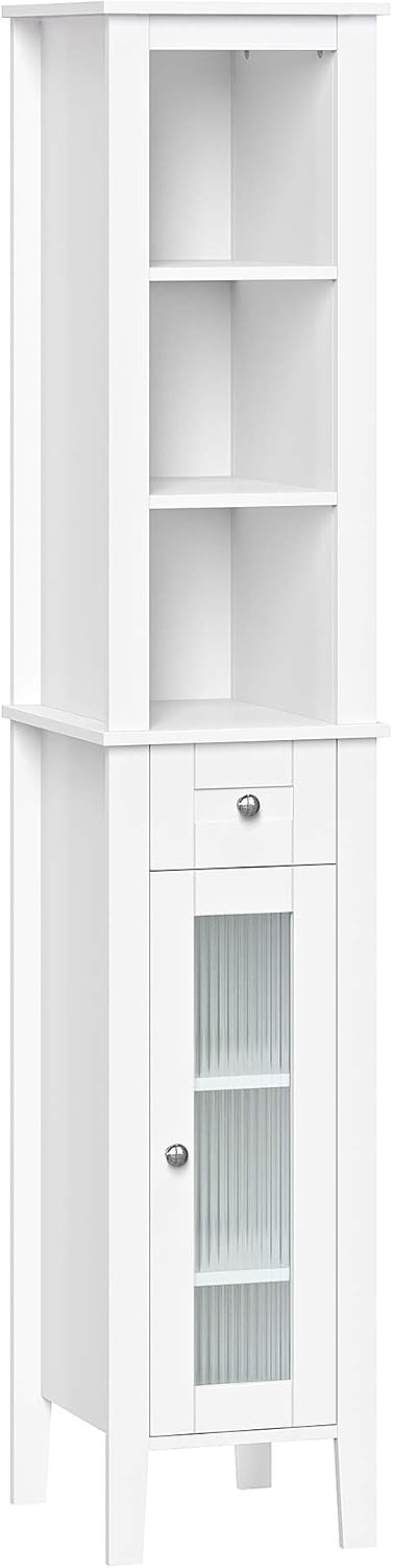 RiverRidge Prescott Tall Slim Bathroom Linen Storage Cabinet, White | Versatile Narrow Organizer with Reeded Glass Door, Open Display