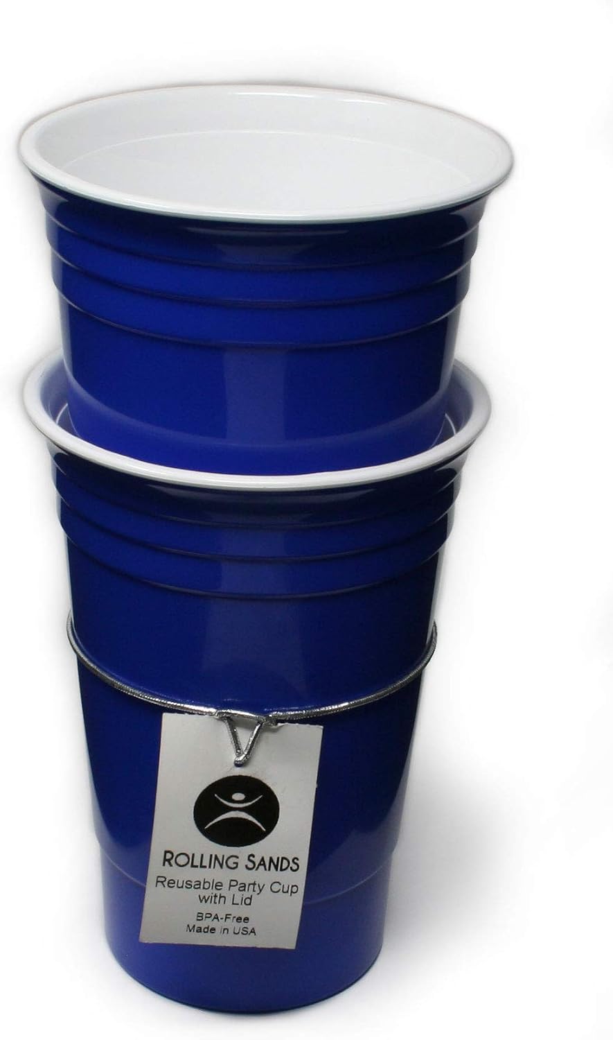 Rolling Sands Reusable BPA-Free 16 Ounce Blue Party Cups with Lids - 2 Pack, Made in USA