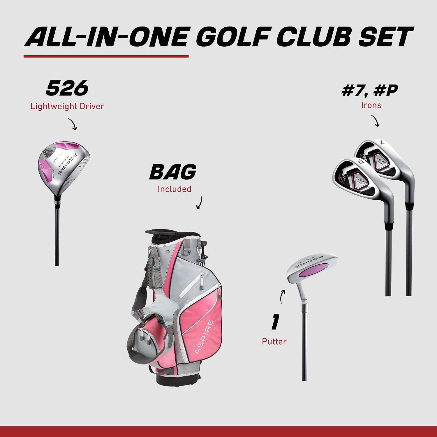 Aspire Junior Plus - Kids Complete Golf Club Set | Aircraft-Grade Aluminum, 15% Larger Clubhead, 7 Iron & Pitching Wedge, Progressive Flex Shafts, Rain Hood, 2 Headcovers