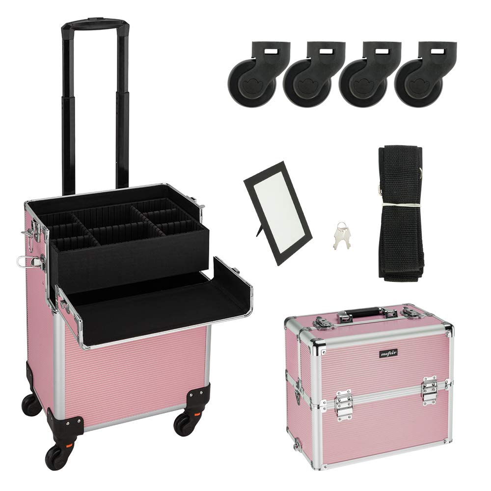 mefeir 2 in 1 Rolling Makeup Train Case Professional Cosmetic trolley on Wheels Aluminum Nail Cart Cosmetic Suitcase for professional makeup artist, Luggage Lockable w/4 Removable Wheels (Black)