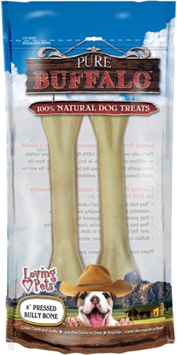 Loving Pets Pure Buffalo 8-Inch Pressed Bully Bone Dog Treat, 2-Pack