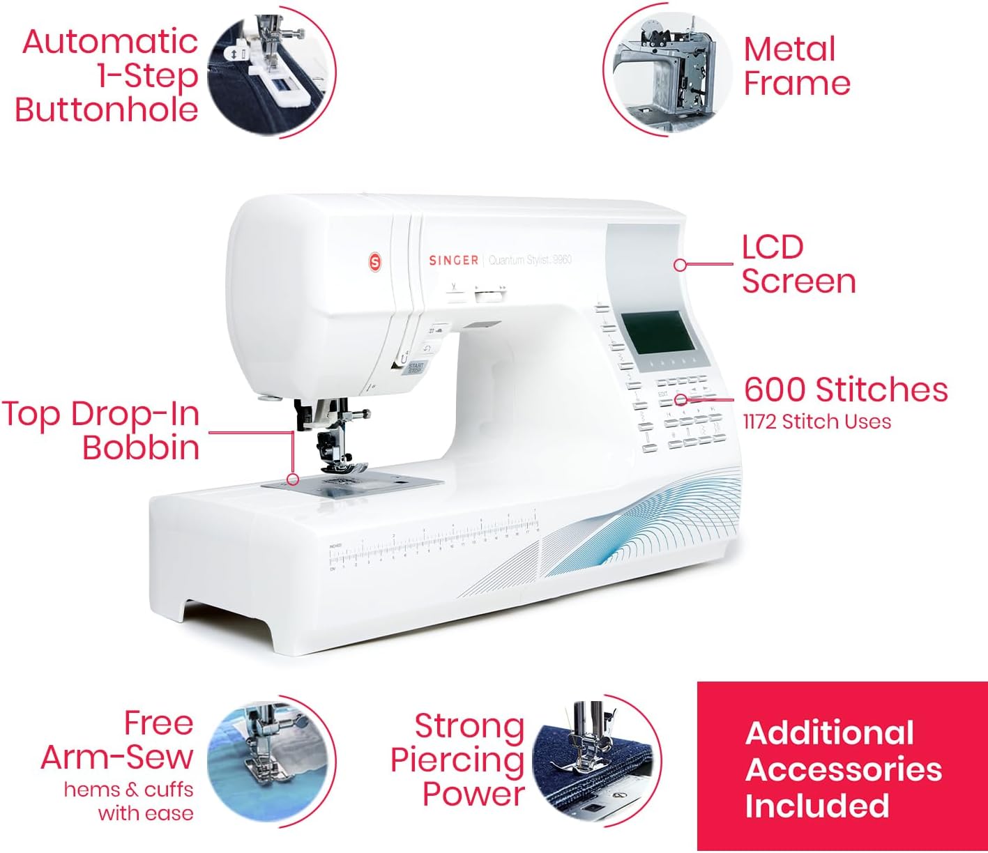 SINGER® Quantum Stylist 9960 Computerized Sewing & Quilting Machine | Hard case, extension table, 13 presser feet included, 600 stitches, 5 fonts, LED light, metal frame, 13 one-step buttonholes