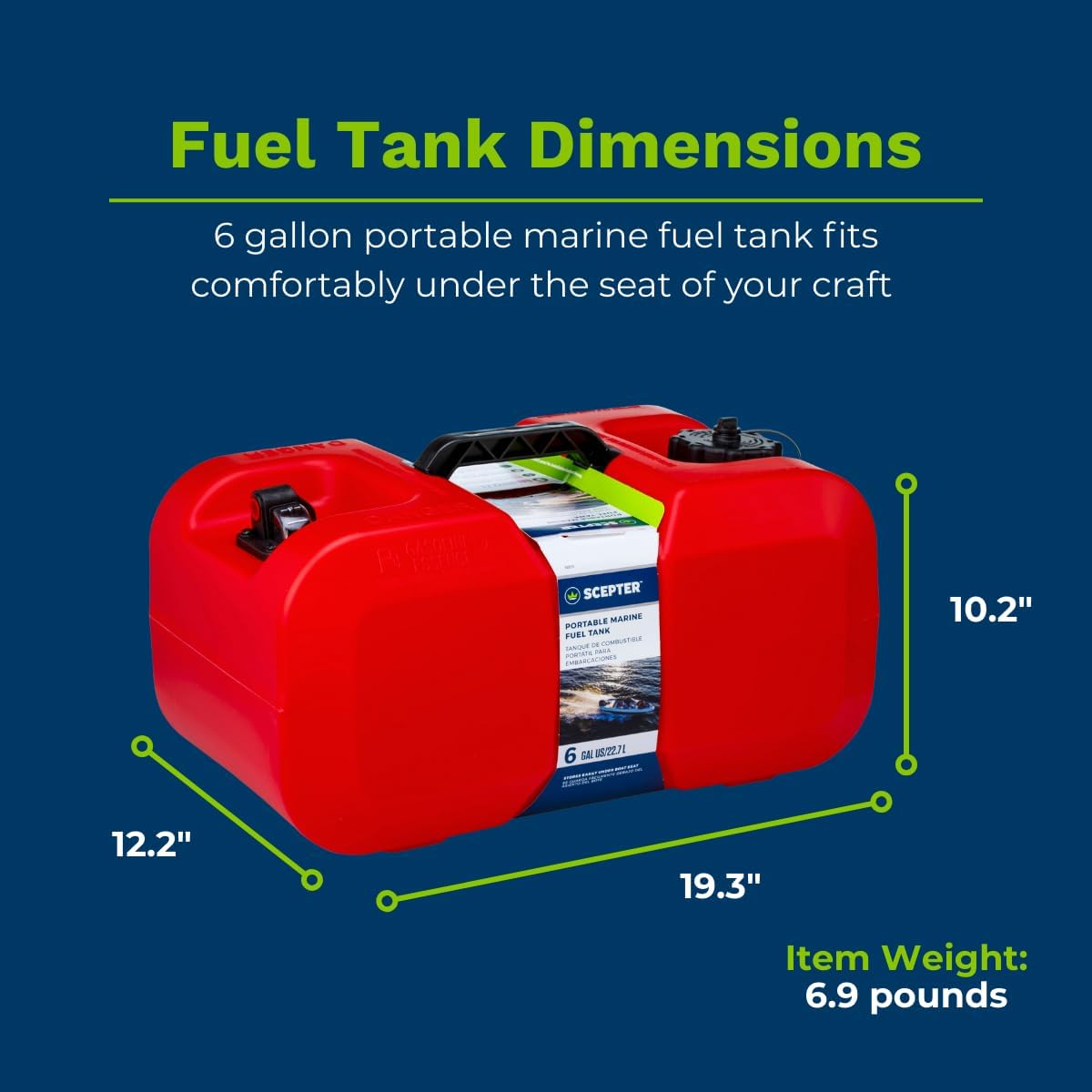 Scepter 6 Gallon Portable Marine Gas Can, Boat Fuel Tank with Top Handle | Underseat Design, 2-Way Vented Cap, Built-In Fuel Gauge and Pick-Up, EPA & CARB Compliant, 19.3"L x 12.2"W x 10.2"H (10511)
