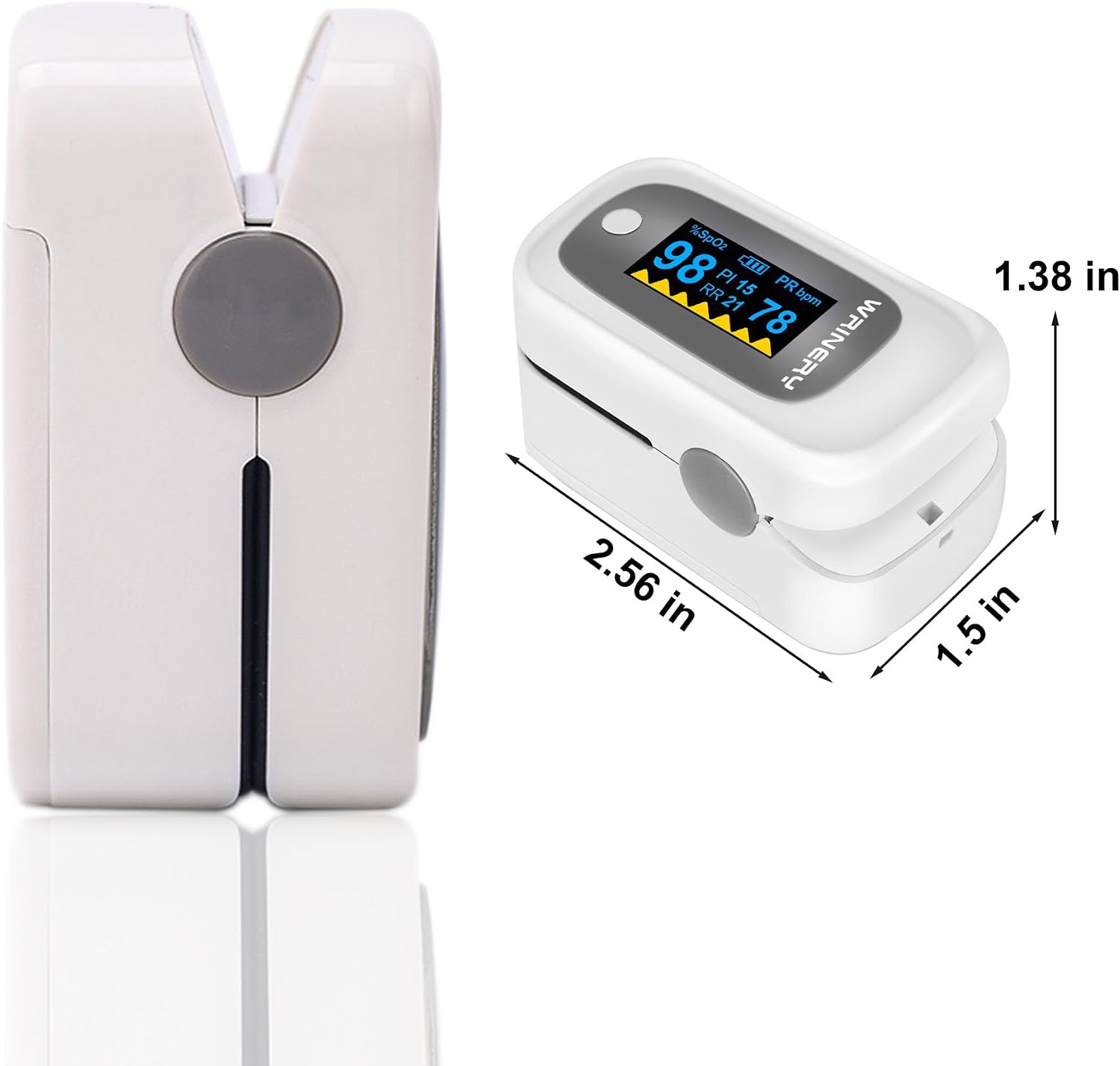 WRINERY Fingertip Pulse Oximeter, Oxygen Saturation Monitor, O2 Saturation Monitor, OLED Portable Oximetry with Batteries, Lanyard (Gray-White)
