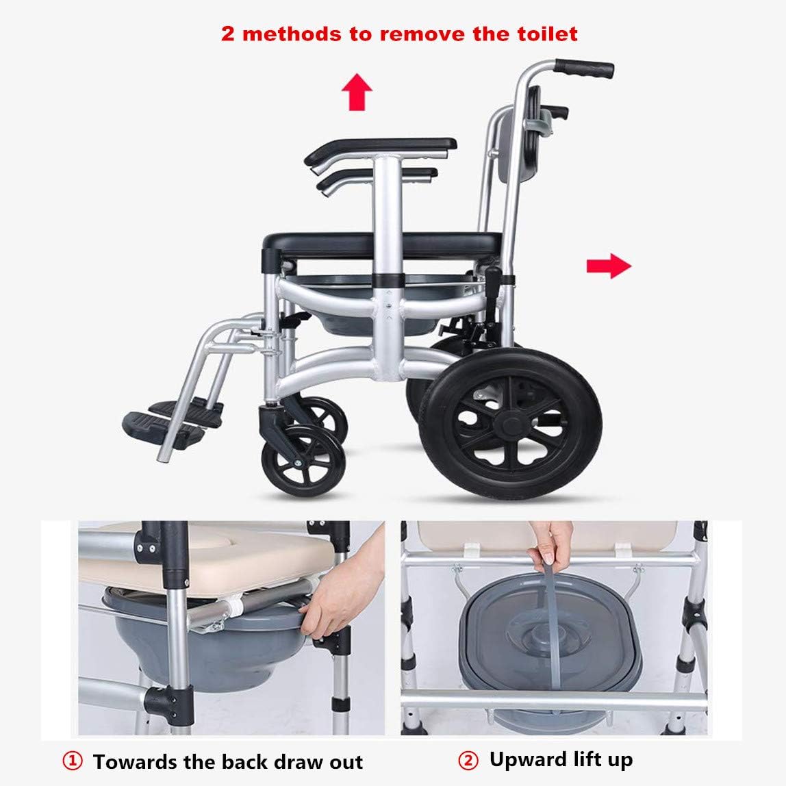 Mobile Shower Chair, 4-in-1 Toilet Commode Wheelchair with Brakes, Removable Pedal, Adjustable Armrest, PU Backrest Cushion and Pail 330lb