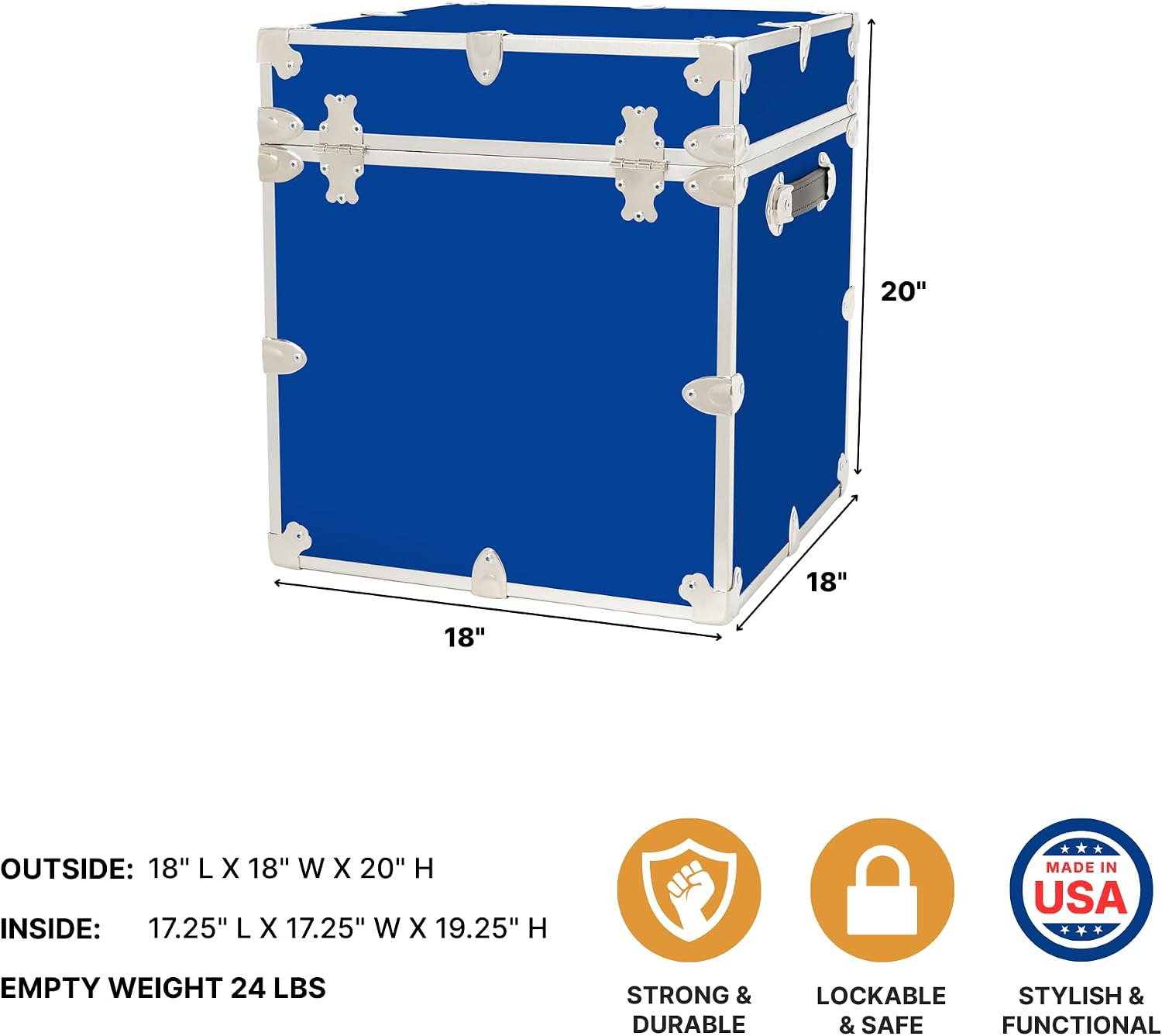 Rhino Classic Cube Trunk, College Dorm Footlocker & Home Storage End Table | 18"L x 18"W x 20"H, 1500+ lb Capacity, Baltic Birch Plywood, Nickel Plated Steel, Durable, Office Storage, Dorm Room