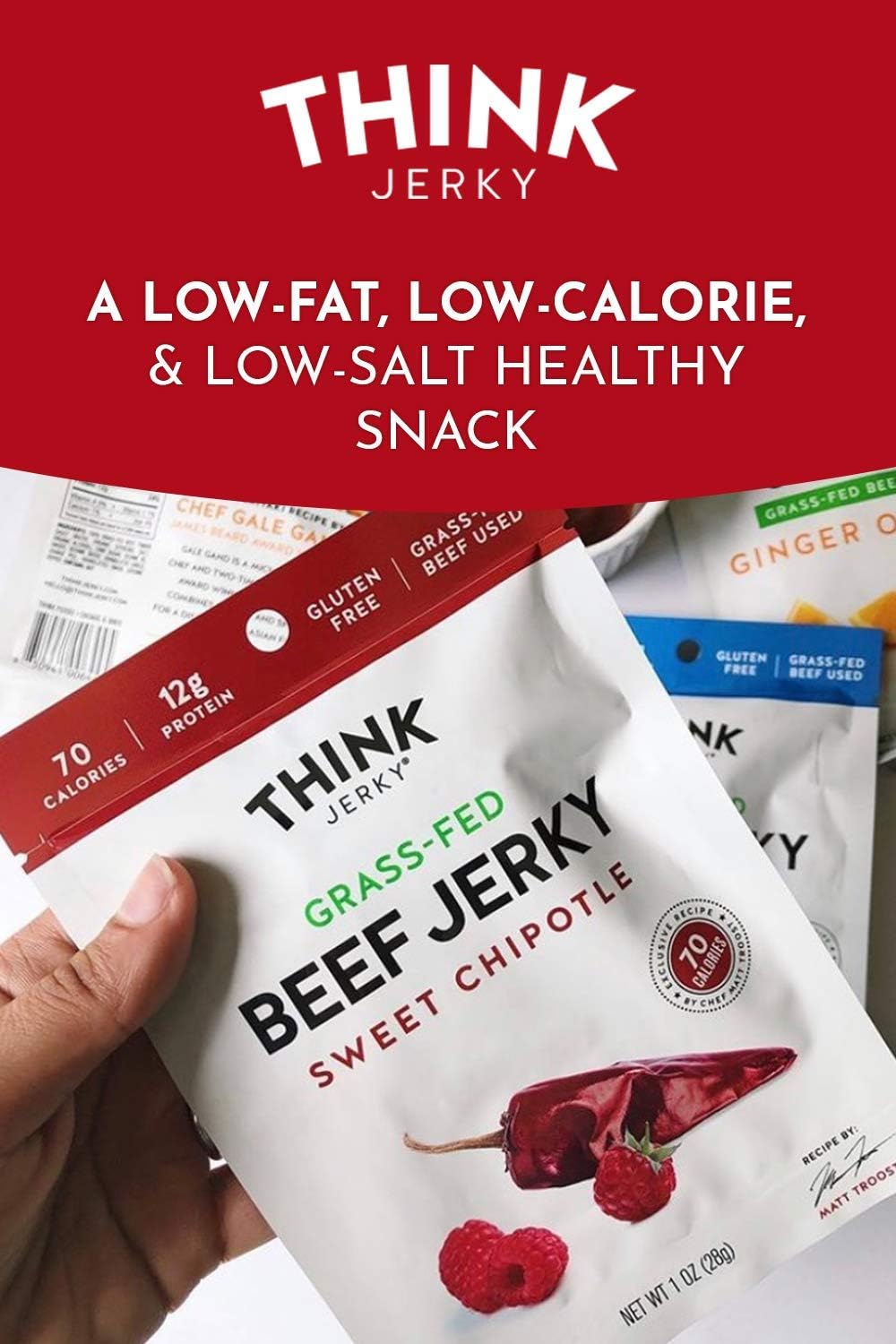 Think Jerky Sesame Teriyaki Beef Jerky, Grass-Fed High Protein Beef Jerky, Gluten Free, No Antibiotics or Nitrates, Healthy Chef Crafted Recipe, Low Calorie and Low Fat - 2.2 oz Bags, 4 Pack
