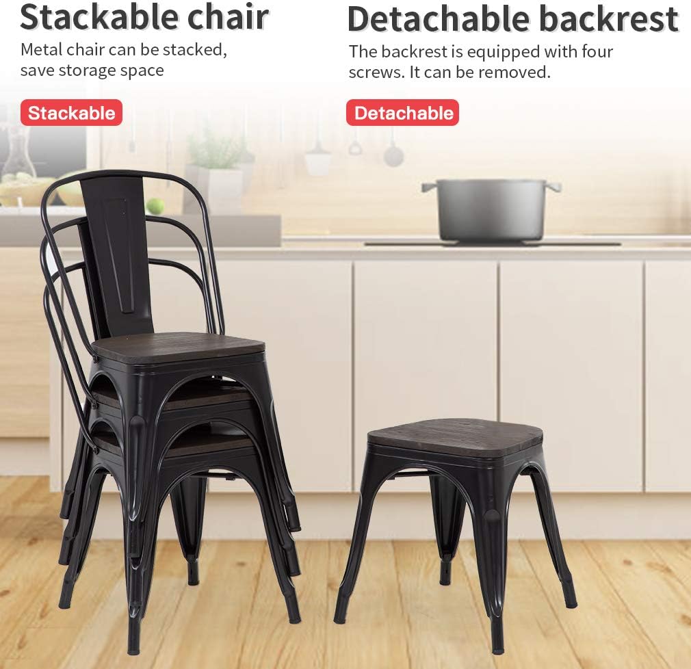 FDW | Metal Dining Chairs | Set of 4, Black | 330lbs Load | Stackable Tolix Side Chairs with Backrest | Non-Slip Feet | Indoor/Outdoor Use | Ideal for Kitchen & Restaurants
